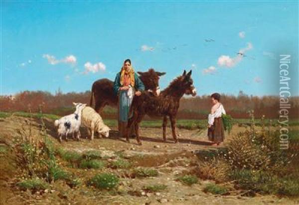 Landschaft Mit Frau, Kind Und Zwei Eseln Oil Painting - Giuseppe Laezza