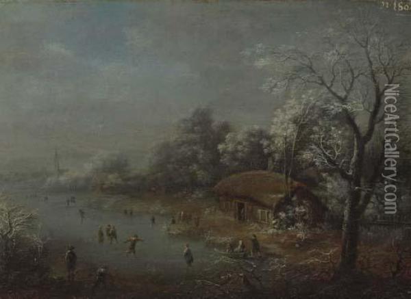 Figures On A Frozen Canal By A Castle; And A Companion Painting Oil Painting - Johann Christian Vollerdt or Vollaert