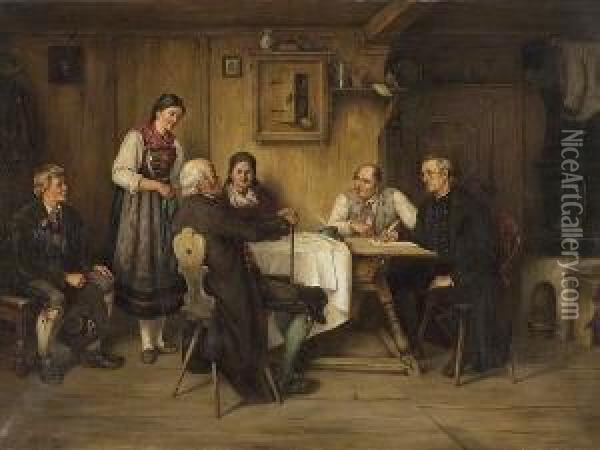 Der Ehevertrag. Oil Painting - Albert Muller-Lingke