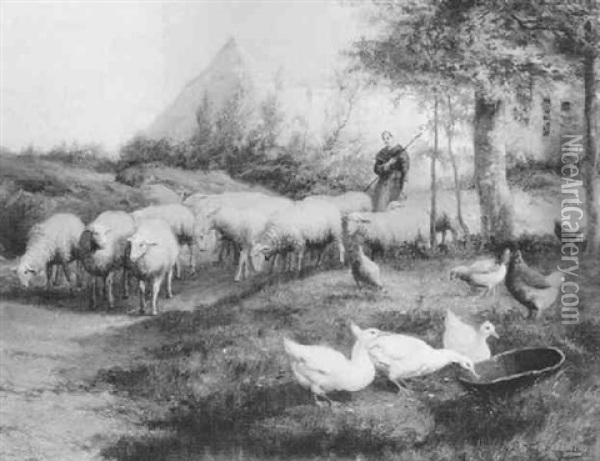 Shepherdess And Her Flock With Geese In The Foreground Oil Painting - Jef Louis Van Leemputten