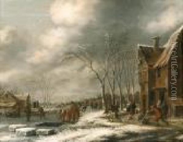 A Winter Landscape With Villagers On A Frozen Waterway Oil Painting - Thomas Heeremans