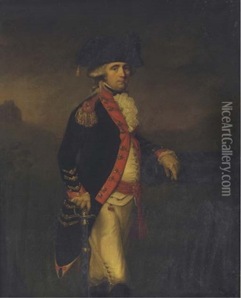 Portrait Of An Officer Of The Royal Artillery In A Landscape, With A Hilltop Fortress Beyond Oil Painting - Daniel Gardner
