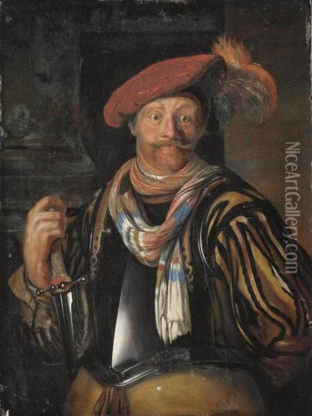Portrait Of A Gentleman, 
Half-length, In Armour And A Red Plumed Cap, A Sword In His Right Hand Oil Painting - Willem van Mieris