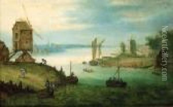 A River Landscape With A Ferry At A Landing Stage By Awindmill Oil Painting - Jan The Elder Brueghel