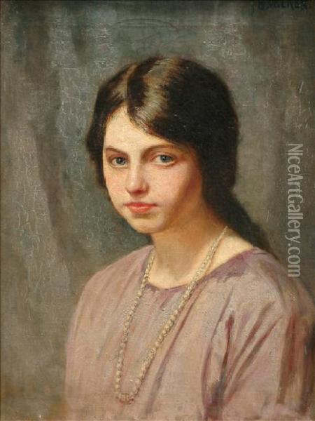 Portrait Of Ayoung Girl With A String Of Pearls, Bust Length Oil Painting - Thomas Bond, Tom Walker