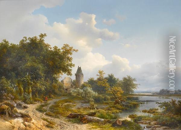 Figures On A Country Lane Beside A Ruined Castle Oil Painting - Pieter Lodewijk Kuhnen