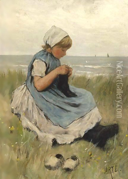 A Girl Knitting In The Dunes Oil Painting - David Adolf Constant Artz