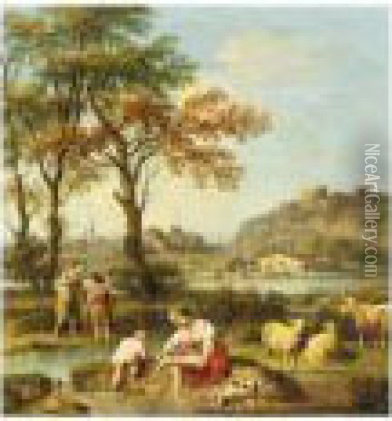 An Italianate Landscape With Figures Washing In A River Oil Painting - Giovanni Batista Cipriani