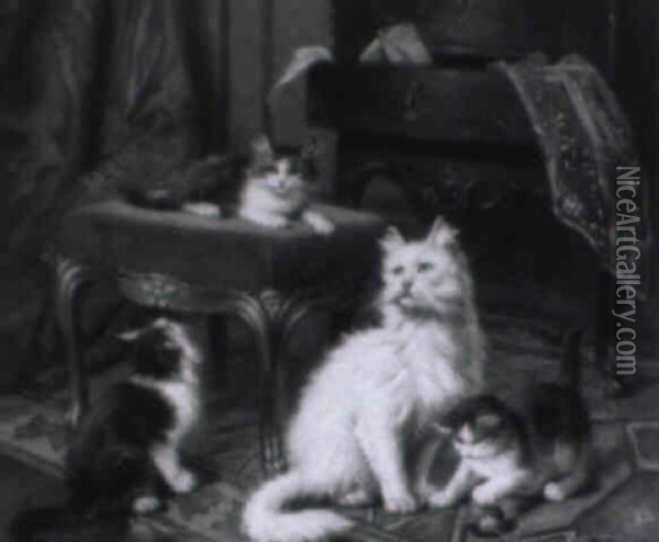 Katze Mit Drei Jungen Im Salon Beim Spiel Oil Painting - Leon Charles Huber