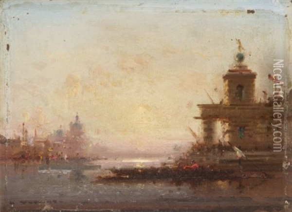 Gondole Devant La Pointe De La Douane De Mer, Venise Oil Painting - Henri Duvieux