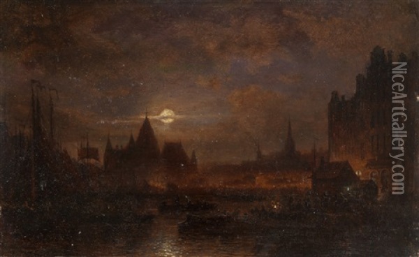 Amsterdam By Night Oil Painting - Aleksei Petrovich Bogolyubov