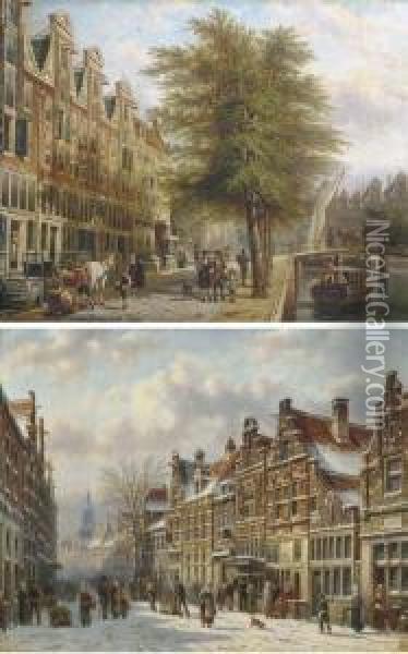 A Busy Town In Winter; And Gentlemen By An Amsterdam Canal Insummer Oil Painting - Johannes Franciscus Spohler