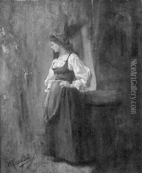 Waiting/portrait Of A Peasant Girl Oil Painting - Antonio Mancini
