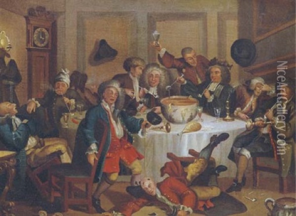 Gentlemen At Dinner Table Oil Painting - William Hogarth