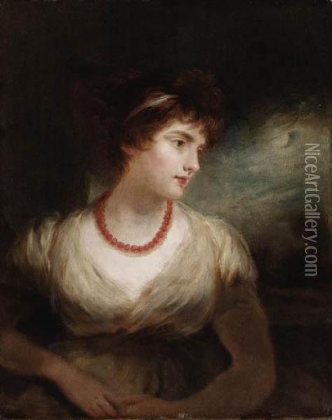 Portrait Of Miss Sarah Gale, Half Length, In A Landscape Oil Painting - John Hoppner