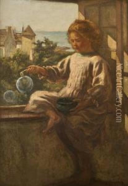 Child Playing With Bubbles Oil Painting - Aloysius C. O'Kelly