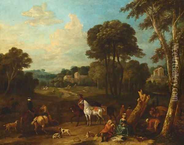 A hunting party at rest in a landscape Oil Painting - Pieter van Bloemen