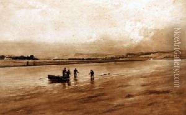 Estuary With Fishermen Oil Painting - Frank Short