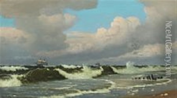 Coastal Scenery With Sailing Ships And Cloudy Sky Oil Painting - Christian Blache