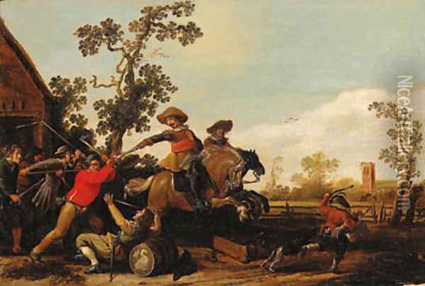 Cavalrymen raiding the Swan Inn Oil Painting - Jacob Martsen de Jonge