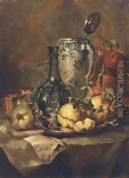 Quince pears on a silver plate with a glass bottle and earthenware tankard Oil Painting - Maria Vos