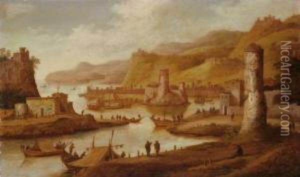 Phantastische Flusslandschaft Mit Wachtturmen Und Einer Stadt Oil Painting - Dirck Verhaert