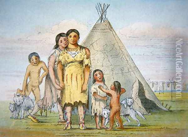 A Comanche family outside their teepee, 1841 Oil Painting - George Catlin