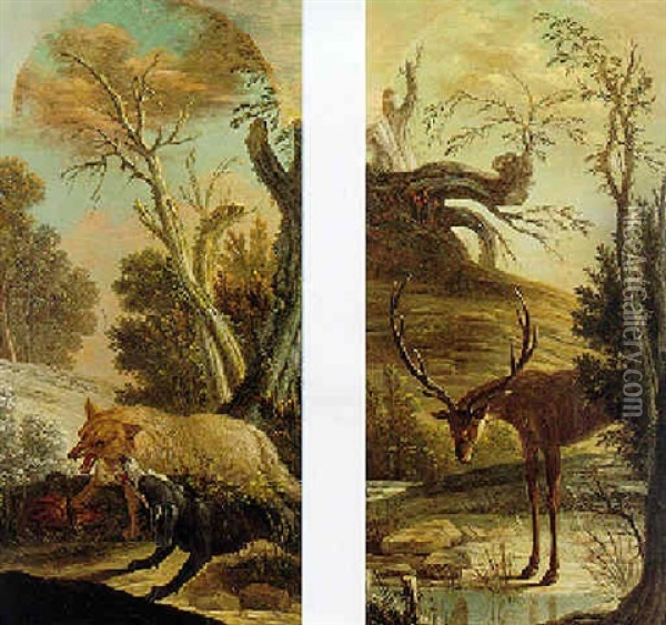 Deer At A Stream In A Landscape Oil Painting - Jacques Charles Oudry