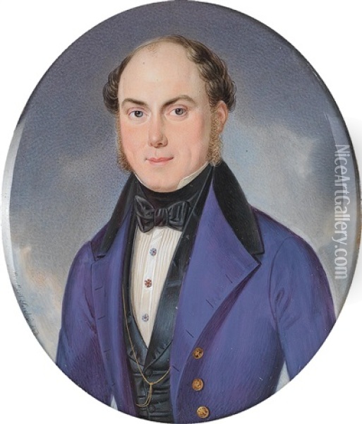 A Portrait Of A Gentleman With A Bold Head In Plum Blue Jacket Against A Cloudy Background Oil Painting - Adalbert Suchy