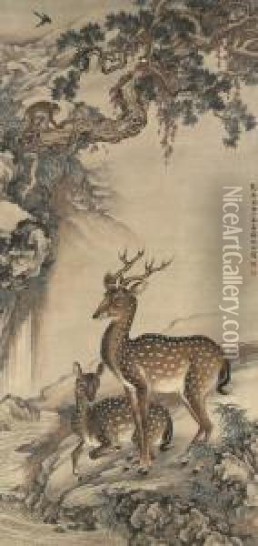 Deer, Monkey, Birds And Pine Oil Painting - Shen Quan