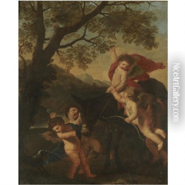 Putti Riding A Donkey In A Landscape Oil Painting - Karel Philips Spierincks