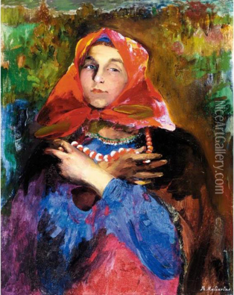 Russian Beauty With Beads And Scarf Oil Painting - Philippe Andreevitch Maliavine