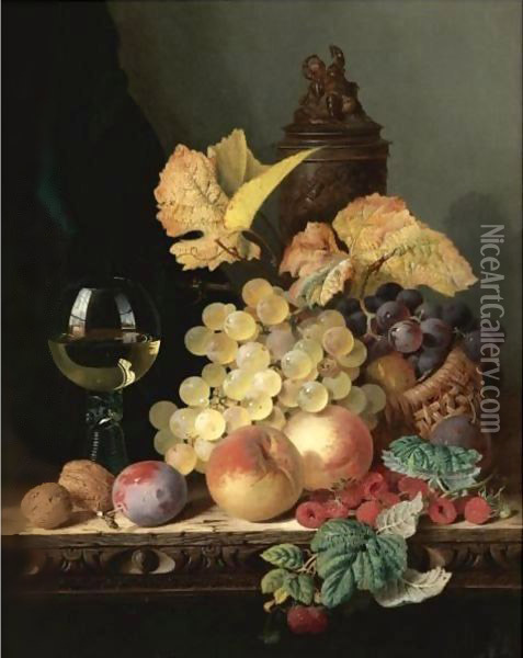 Still Life With Peaches, Plums, Grapes And Walnuts On A Carved Table With A Wine Glass Oil Painting - Edward Ladell