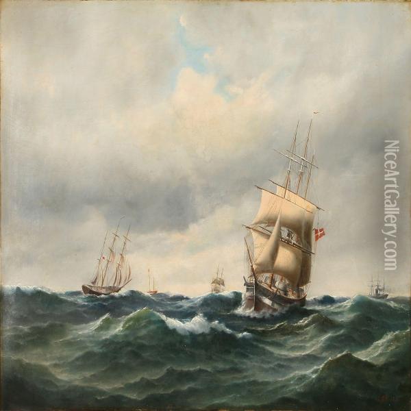 Seascape With Several Ships On Open Sea Oil Painting - Carl Ludwig Bille