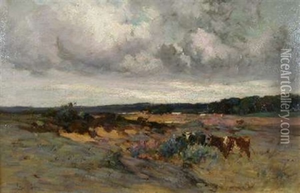 Cattle Grazing, Stormy Skies Oil Painting - Joseph Milne