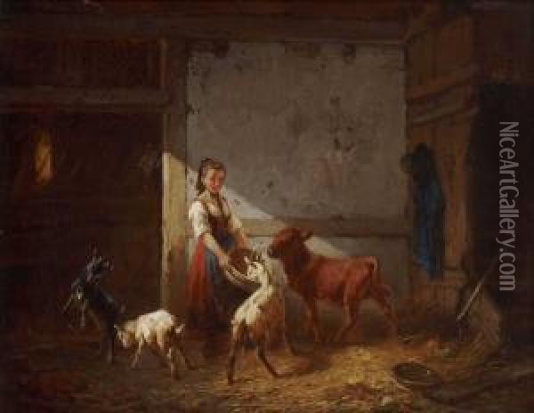 Bauernmadchen Beim Futtern Im Stall Oil Painting - August Von Pelzeln
