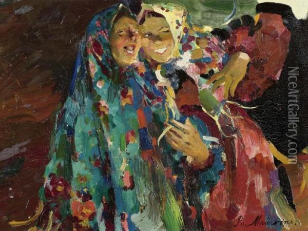 Zwei Lachende Madchen. Oil Painting - Philippe Andreevitch Maliavine
