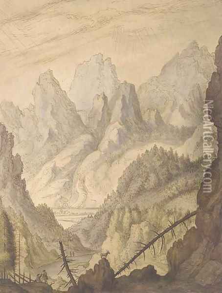 A mountainous landscape with a goat on a rocky outcrop Oil Painting - Lambert Doomer