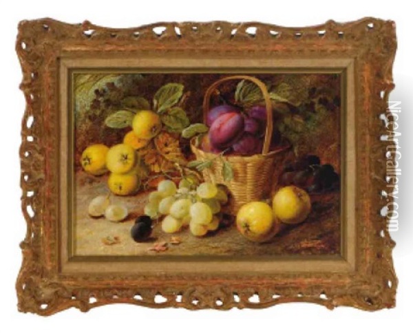 Still Life Of Raspberries, Plums And Peaches On A Table Oil Painting - Oliver Clare
