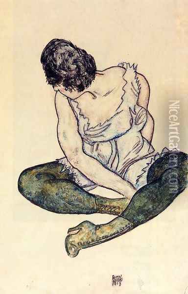 Seated Woman With Green Stockings Oil Painting - Egon Schiele