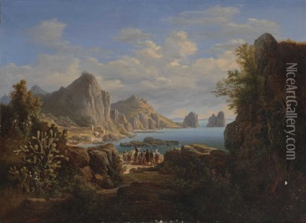 Partie Von Der Insel Capri Bei Neapel. Die Kleine Marine Oil Painting - Heinrich Jakob Fried