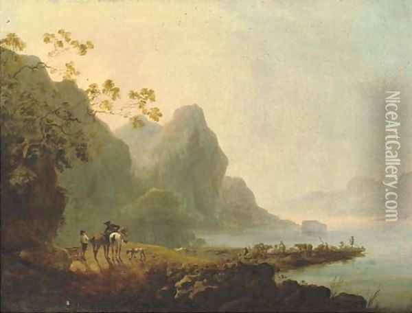 Wooded lakeside landscape with figures and horses in the foreground and figures, livestock and a ferry beyond Oil Painting - Loutherbourg, Philippe de