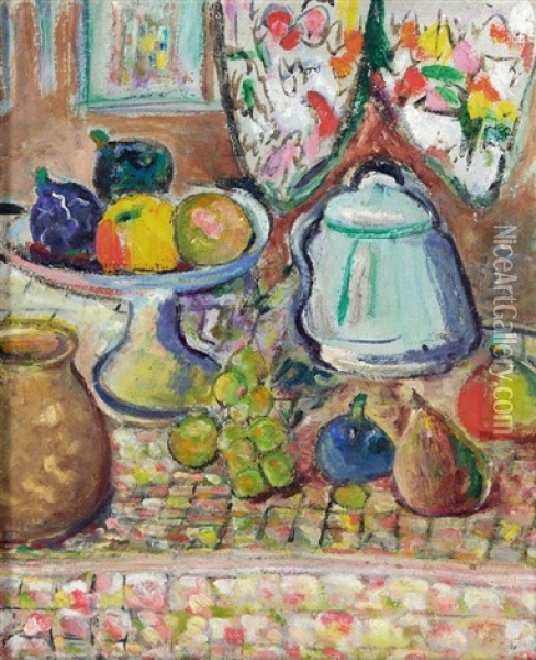Still Life Of Fruit And Pots (+ Still Life Of Fruit, Verso) Oil Painting - George Leslie Hunter