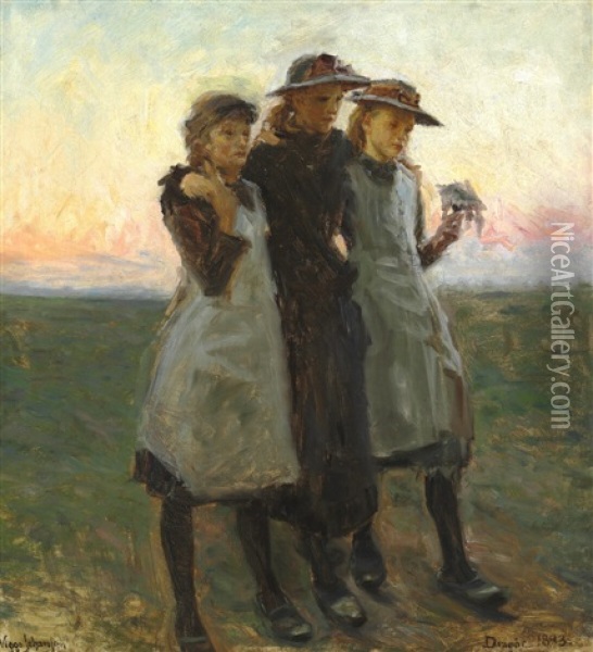 The Daughters Of The Painter In The Evening Sun Oil Painting - Viggo Johansen