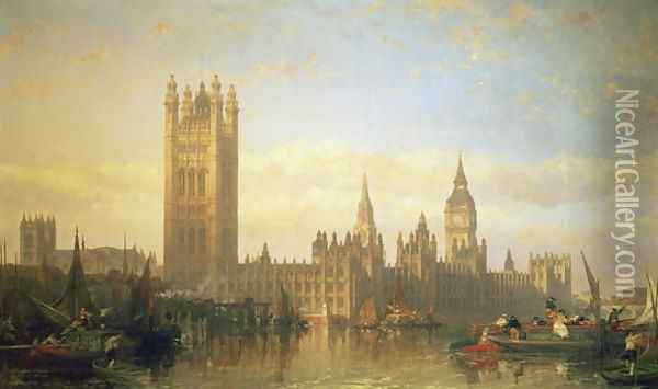 New Palace of Westminster from the River Thames Oil Painting - David Roberts
