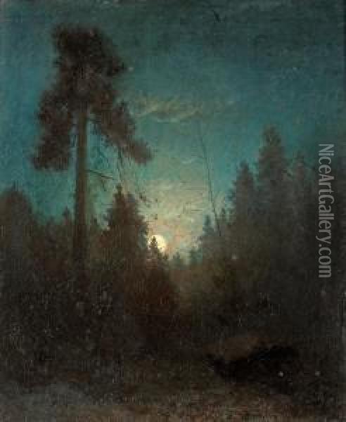 Tall Pine And Rising Moon Oil Painting - Carl Fredrik Hill