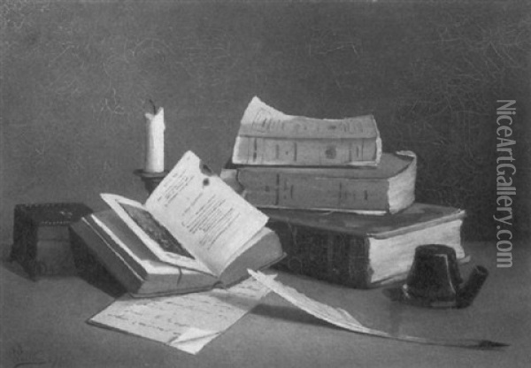 Still Life With Books And A Quill Oil Painting - Henri-Louis Foreau