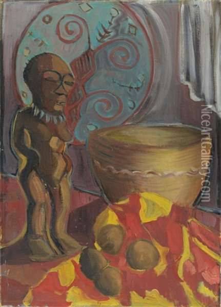 Afrikanisches Stilleben Mit Figur, Schild Und Vier Fruchten Oil Painting - Alma del Banco