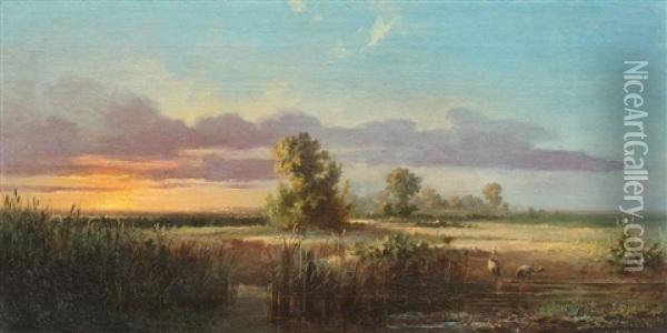 Scenery With Birds At Sunset Oil Painting - Henri Trenk