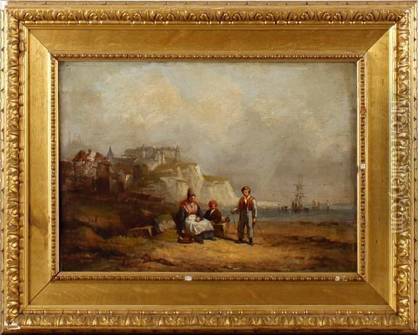 Figures On A Beach Before A Cliff Top Castle Oil Painting - Sir Augustus Wall Callcott